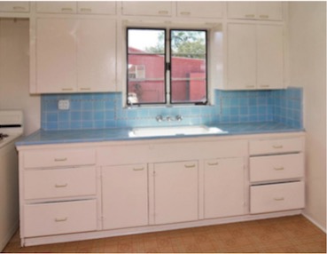 light blue tiles on kitchen backsplash